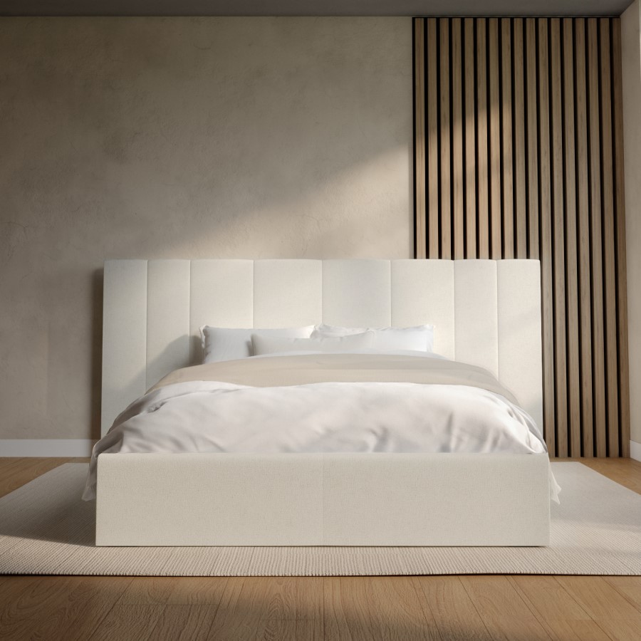 ONLY OPENED - Off White Fabric Double Ottoman Bed with Wide Headboard - Iman