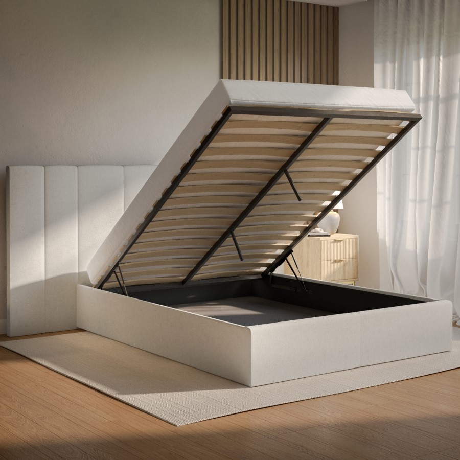 ONLY OPENED - Off White Fabric Double Ottoman Bed with Wide Headboard - Iman