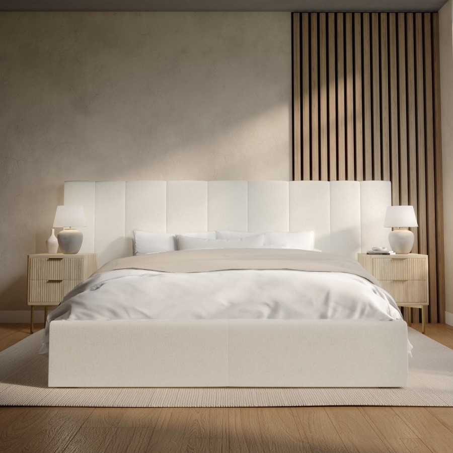 ONLY OPENED - Off White Fabric King Size Ottoman Bed with Wide Headboard - Iman