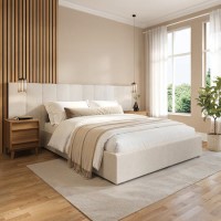 Cream Upholstered King Size Ottoman Bed with Wide Headboard - Iman