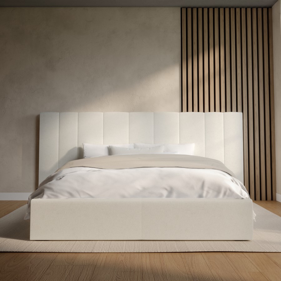 ONLY OPENED - Off White Fabric King Size Ottoman Bed with Wide Headboard - Iman