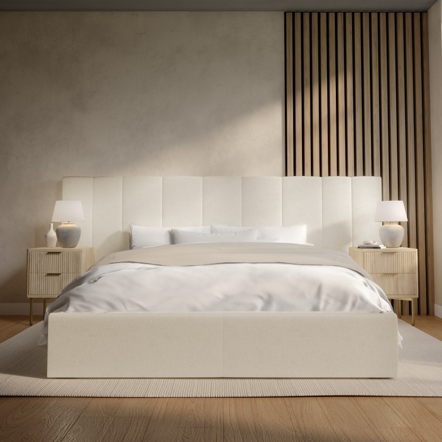 GRADE A1 - Off-White Upholstered King Size Ottoman Bed with Wide Headboard - Iman