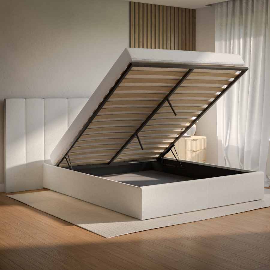 ONLY OPENED - Off White Fabric King Size Ottoman Bed with Wide Headboard - Iman
