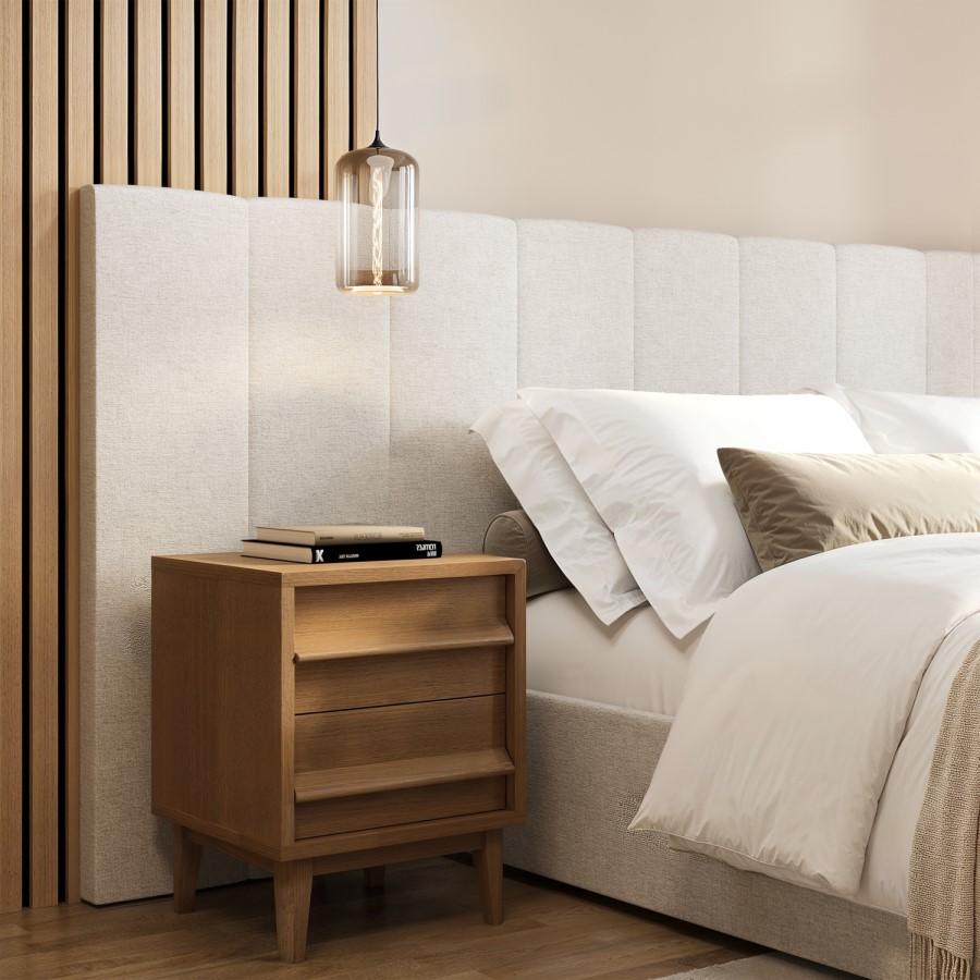 Cream Upholstered King Size Ottoman Bed with Wide Headboard - Iman