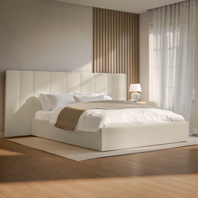 Off-White Fabric King Size Ottoman Bed with Wide Headboard - Iman