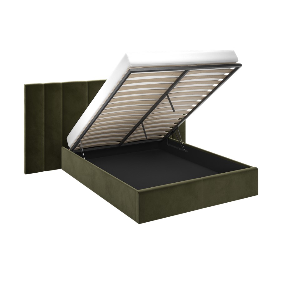Olive Green Velvet Double Ottoman Bed with Wide Headboard - Iman