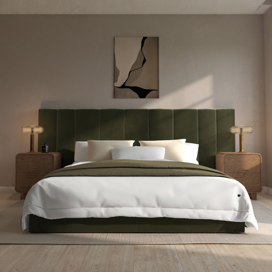 Olive Green Velvet King Size Ottoman Bed with Wide Headboard - Iman