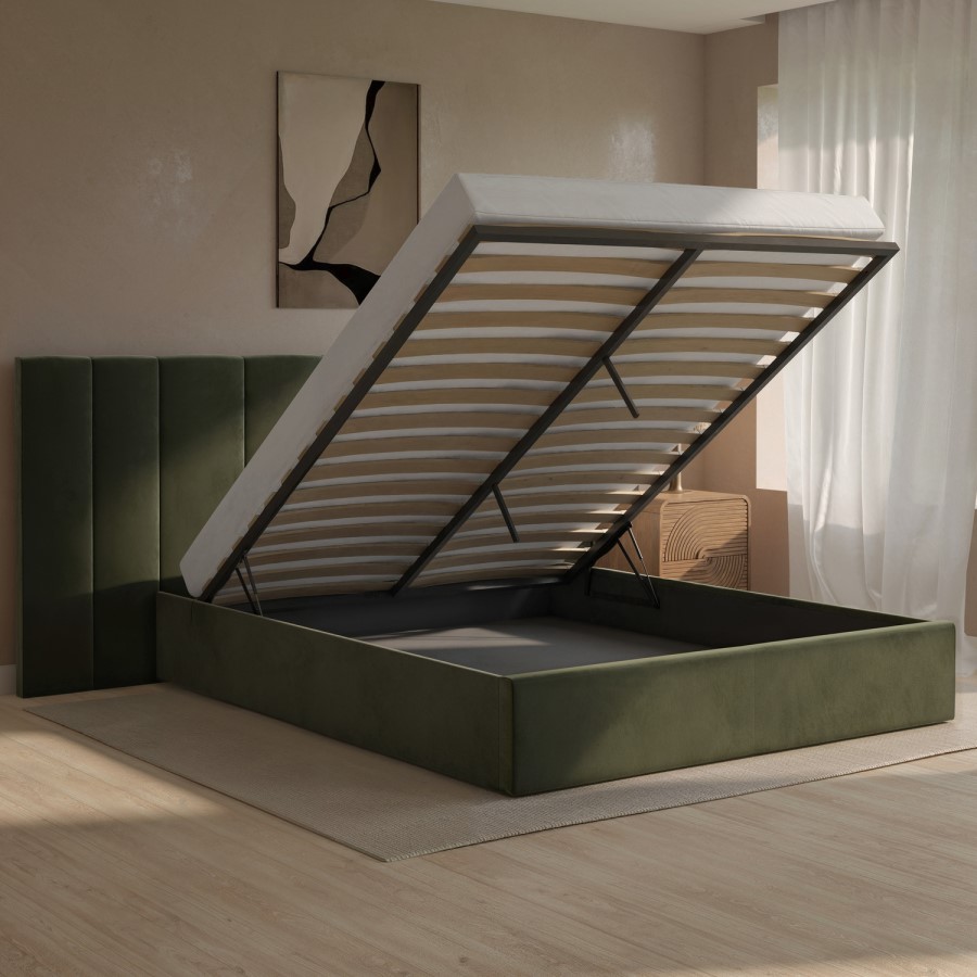 Olive Green Velvet King Size Ottoman Bed with Wide Headboard - Iman