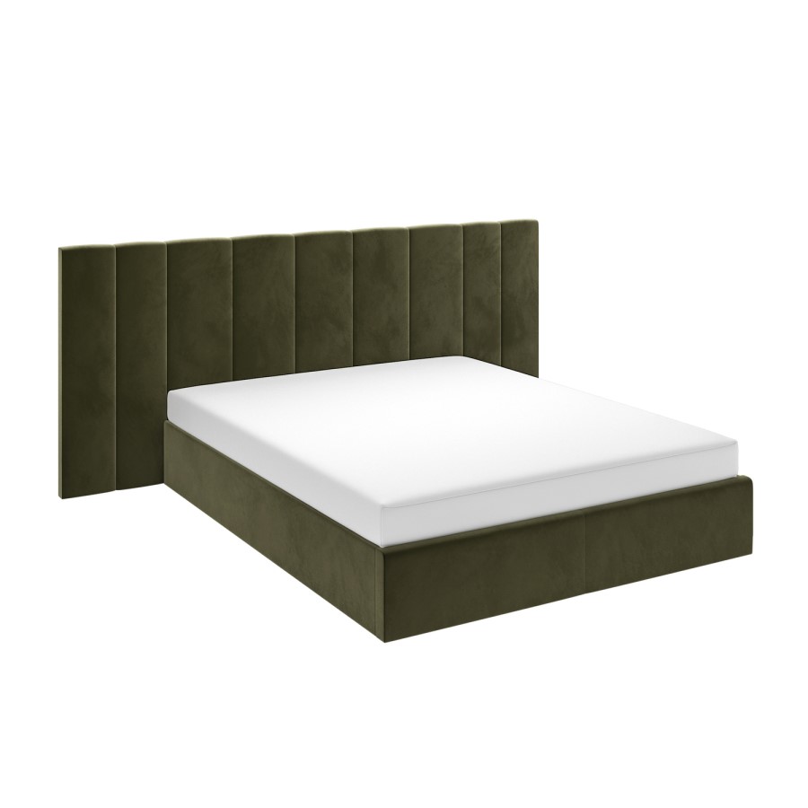 Olive Green Velvet King Size Ottoman Bed with Wide Headboard - Iman