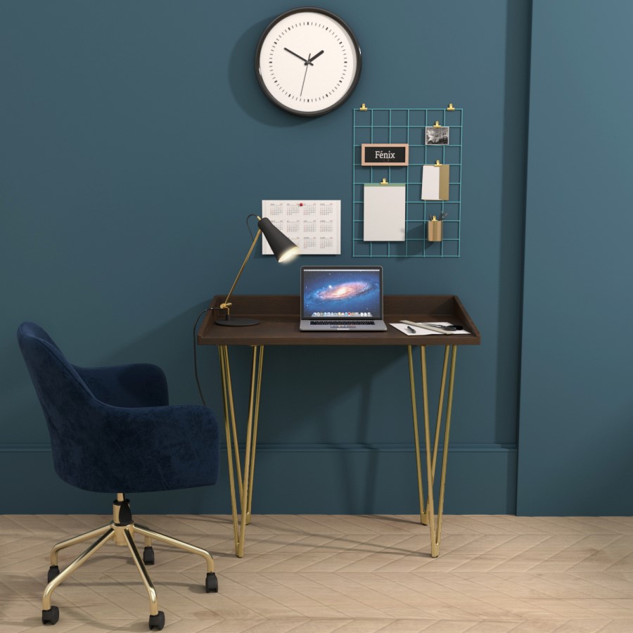 GRADE A2 - Dark Wood Office Desk with Gold Legs - Inari