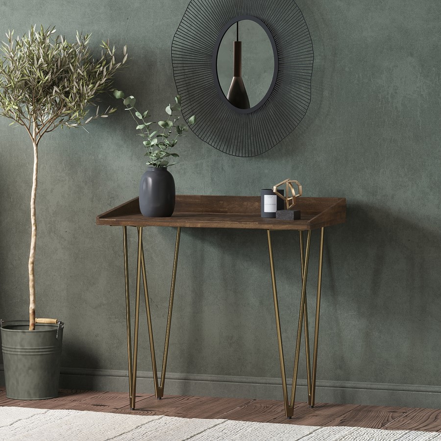 Compact Dark Oak Effect Desk with Hairpin Legs - Inari