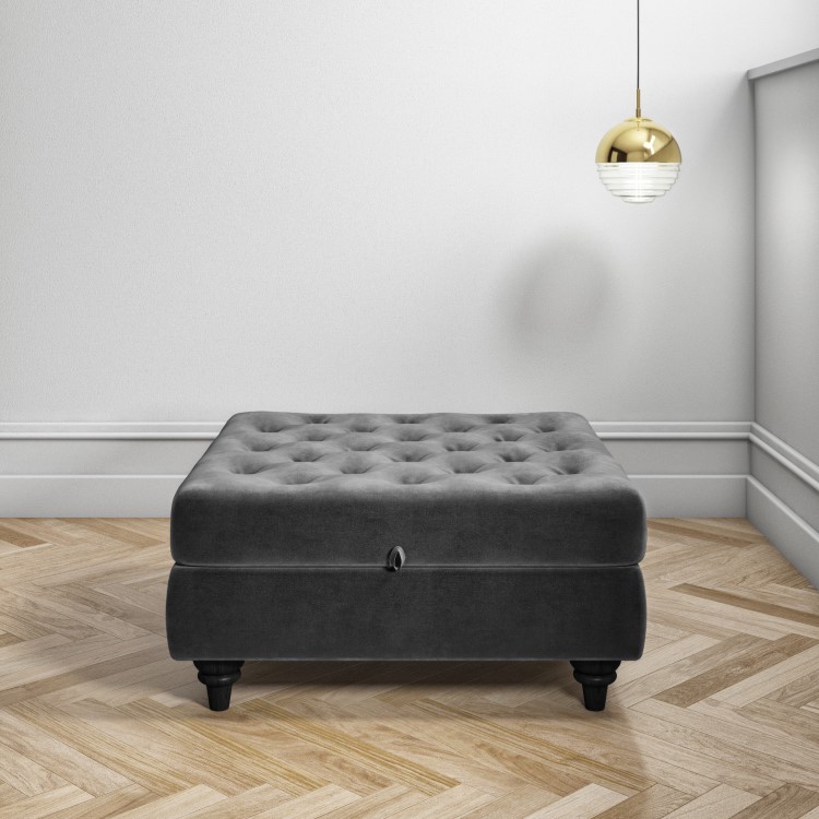 Inez Large Velvet Ottoman Pouffe in Upholstered Grey - Square