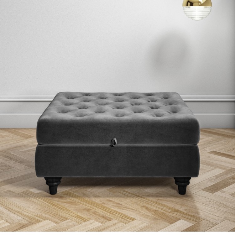 Inez Large Velvet Ottoman Pouffe in Upholstered Grey - Square