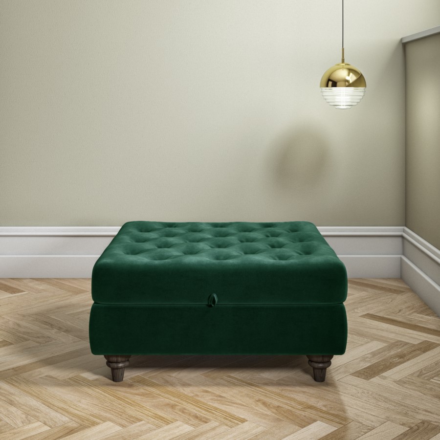 Inez Large Velvet Ottoman Pouffe in Upholstered Green - Square