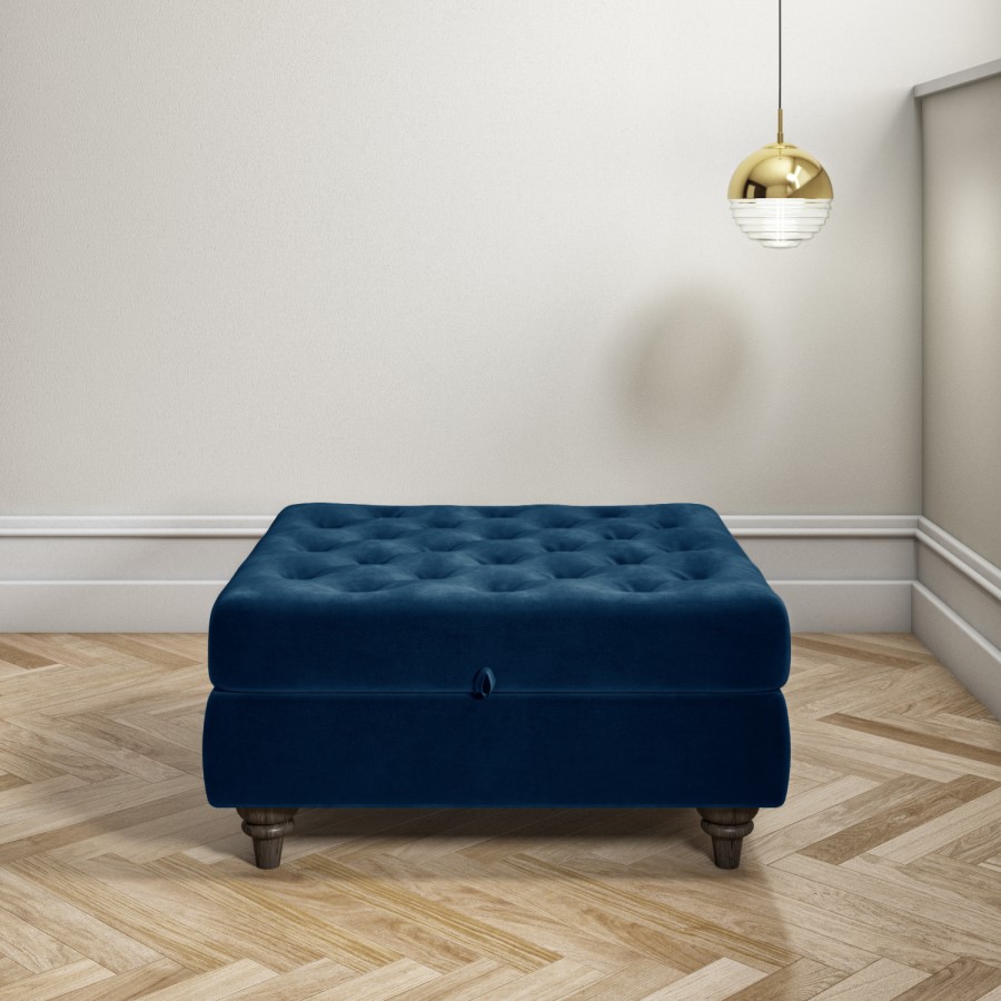 Inez Large Velvet Ottoman Pouffe in Upholstered Navy Blue - Square