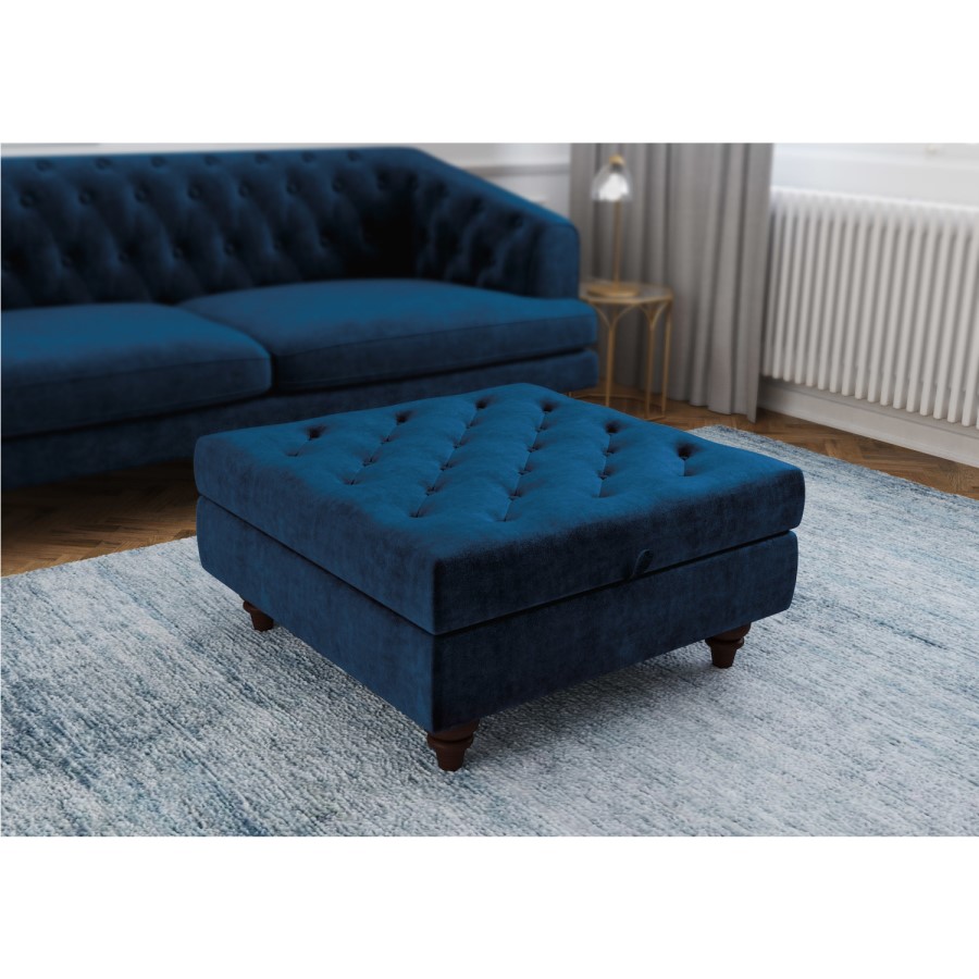 GRADE A1 - Inez Blue Velvet Ottoman Pouffe with Quilted Buttons
