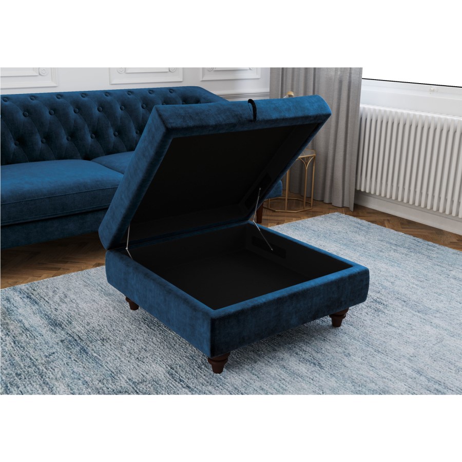 GRADE A1 - Inez Blue Velvet Ottoman Pouffe with Quilted Buttons