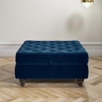 Inez Large Velvet Ottoman Pouffe in Upholstered Navy Blue - Square