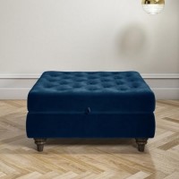 Inez Large Velvet Ottoman Pouffe in Upholstered Navy Blue - Square Inez Large Velvet Ottoman Pouffe in Upholstered Navy Blue - Square