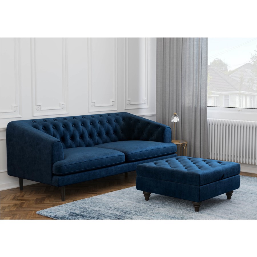 GRADE A1 - Inez Blue Velvet Ottoman Pouffe with Quilted Buttons