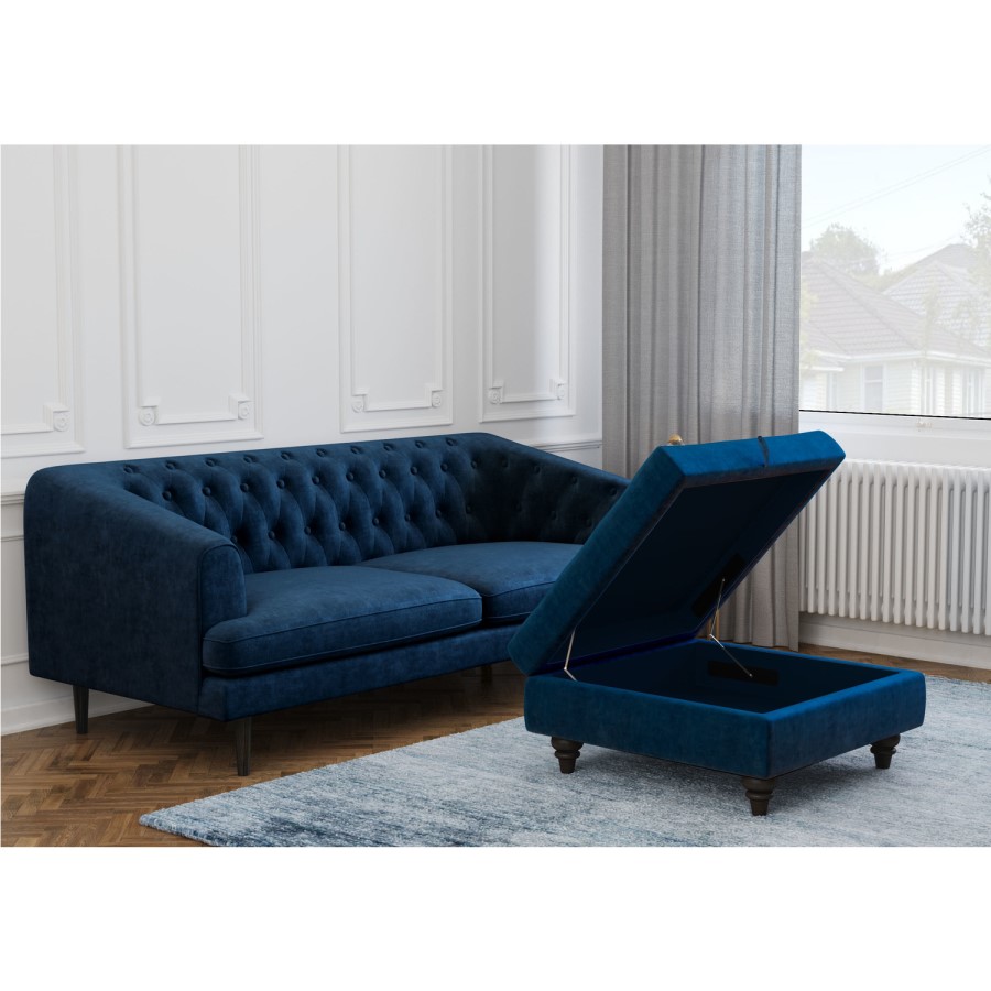 GRADE A1 - Inez Blue Velvet Ottoman Pouffe with Quilted Buttons