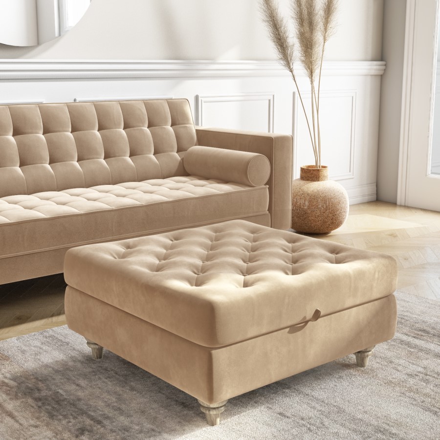 Beige Ottoman Storage Footstool - Buttoned - Inez