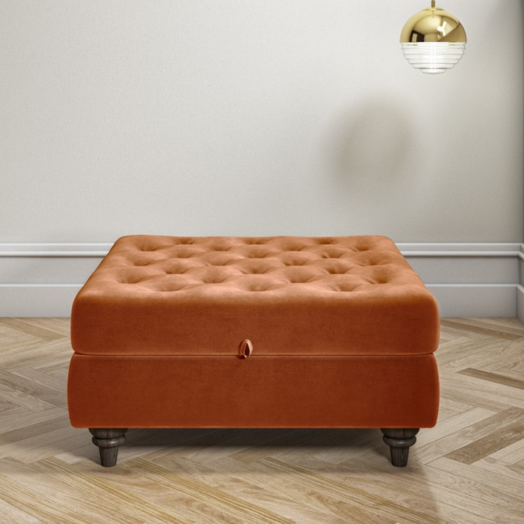 Orange Ottoman Storage Footstool - Buttoned - Inez