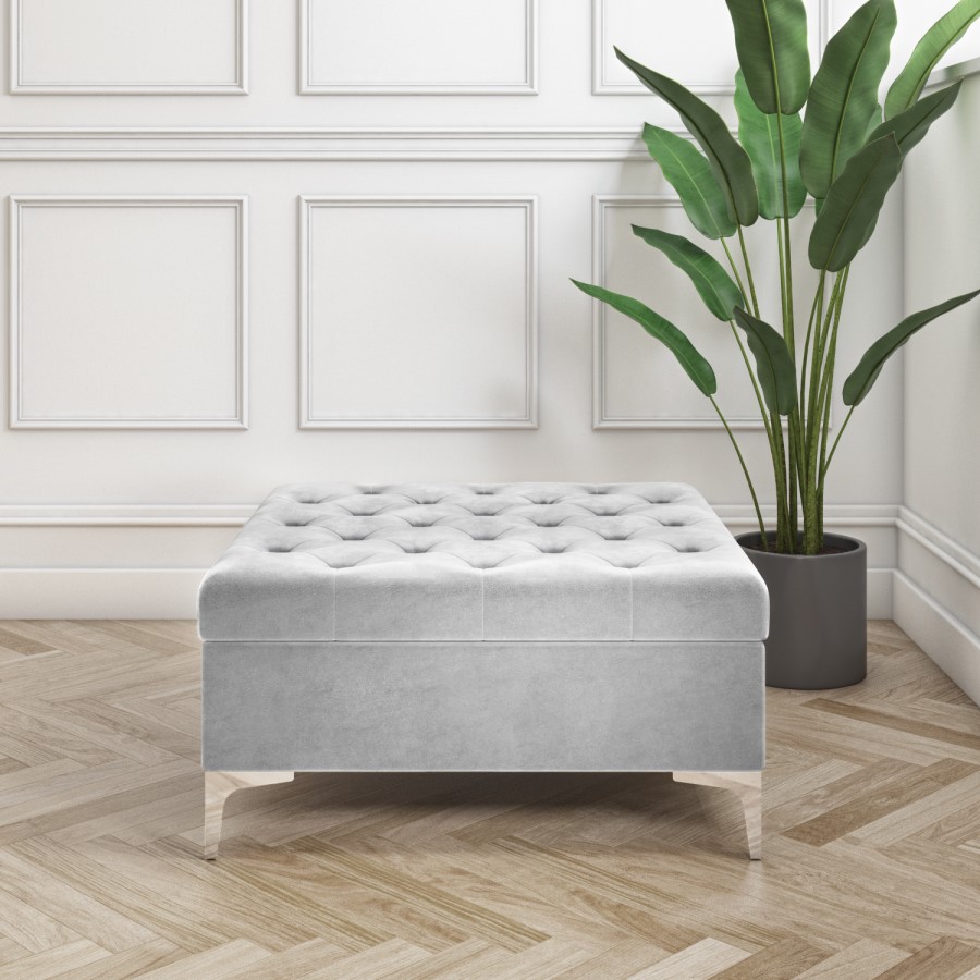 GRADE A2 - Light Grey Velvet Footstool with Ottoman Storage - Inez