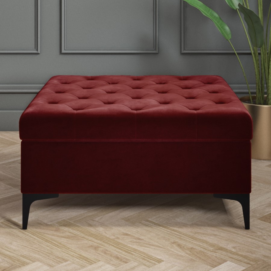 Dark Red Velvet Footstool with Ottoman Storage - Inez