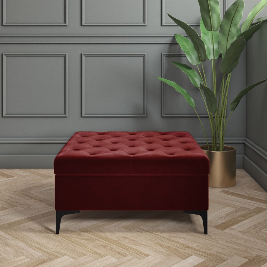 Dark Red Velvet Footstool with Ottoman Storage - Inez