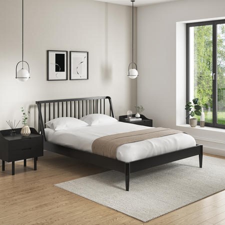 家具 Single/Semi Double Bed Black Wooden Spindle Mid Century Double Bed Frame - Saskia