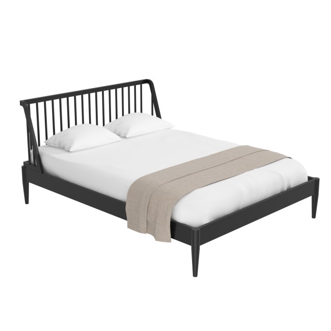 Black Wooden Spindle Mid Century Double Bed Frame - Saskia