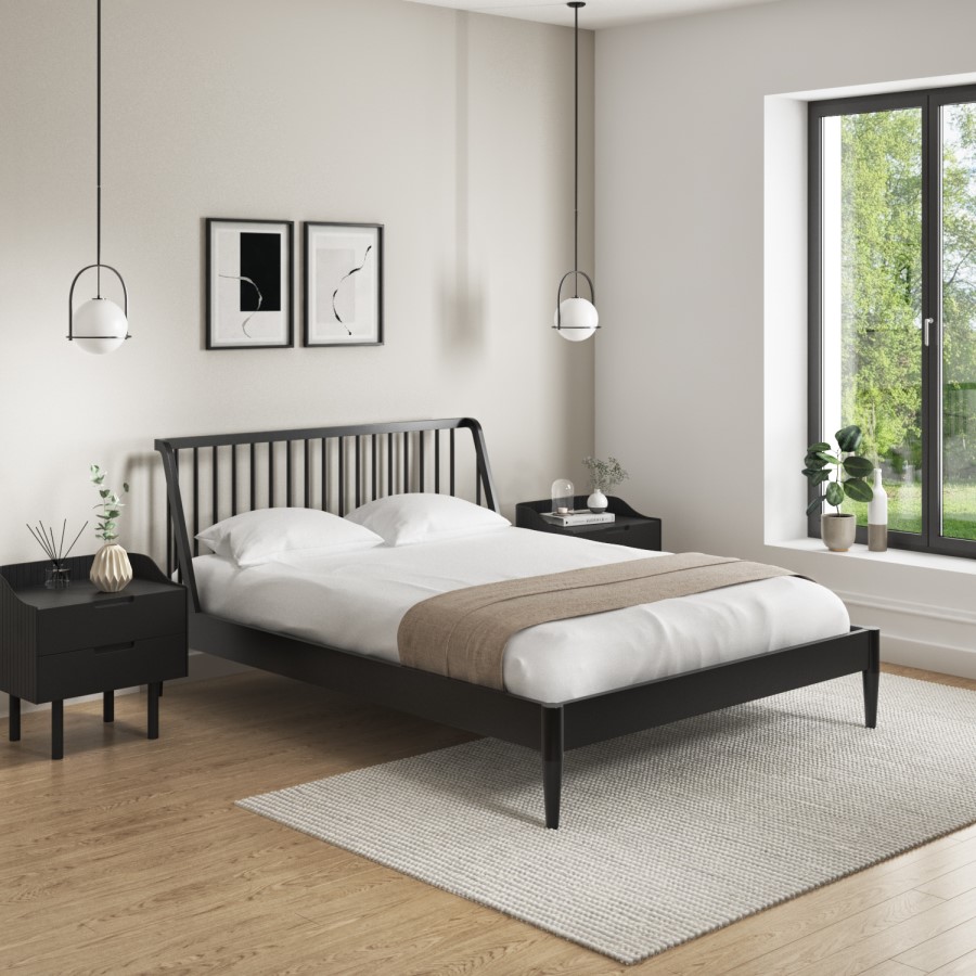 GRADE A1 - Black Wooden Spindle Mid Century King Size Bed Frame - Saskia