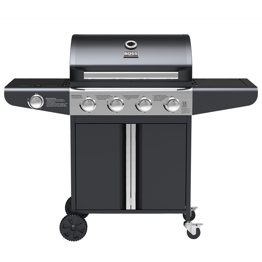 Boss Grill Kentucky Premium - 4 Burner Gas BBQ Grill with Side Burner - Black