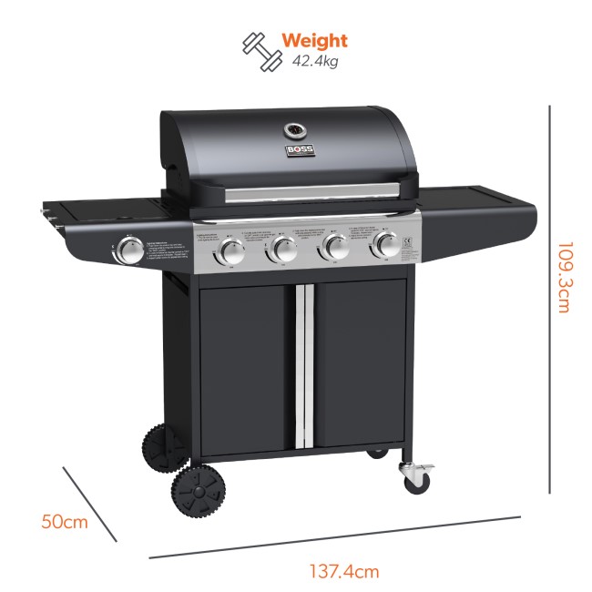 Boss Grill Kentucky Premium - 4 Burner Gas BBQ Grill with Side Burner - Black