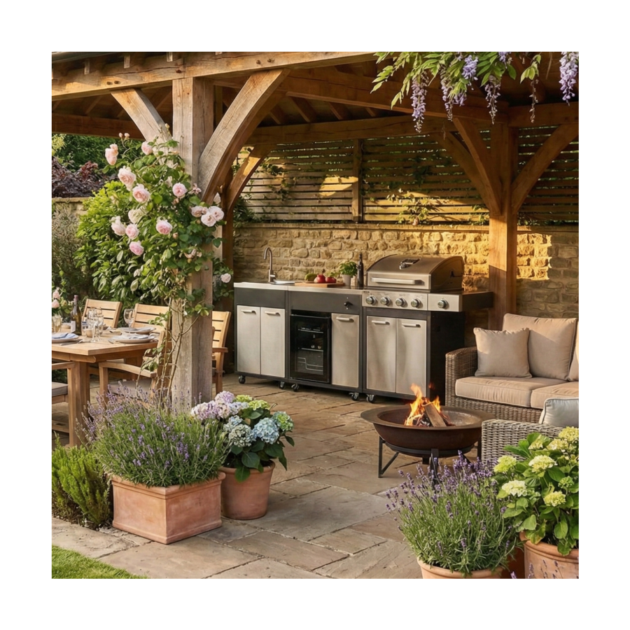 Boss Grill Outdoor Kitchen - 4 Burner Gas BBQ Grill with Beverage Cooler and Sink - Black