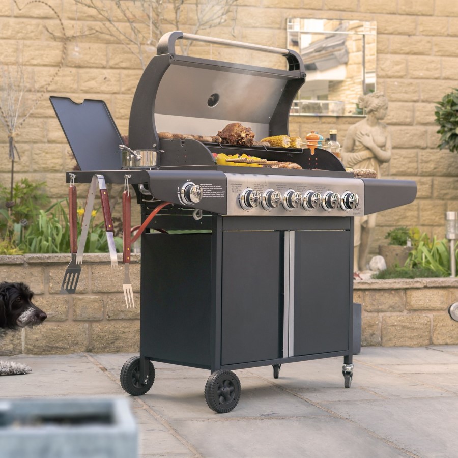 Boss Grill Kentucky Premium - 6 Burner Gas BBQ Grill with Side Burner - Black