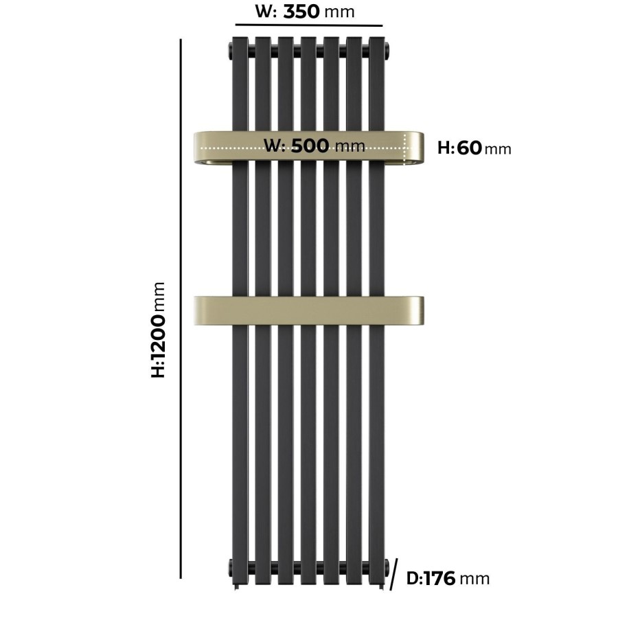 Gunmetal Vertical Single Panel Radiator with Brass Towel Bars 1200 x 500mm - Iraya