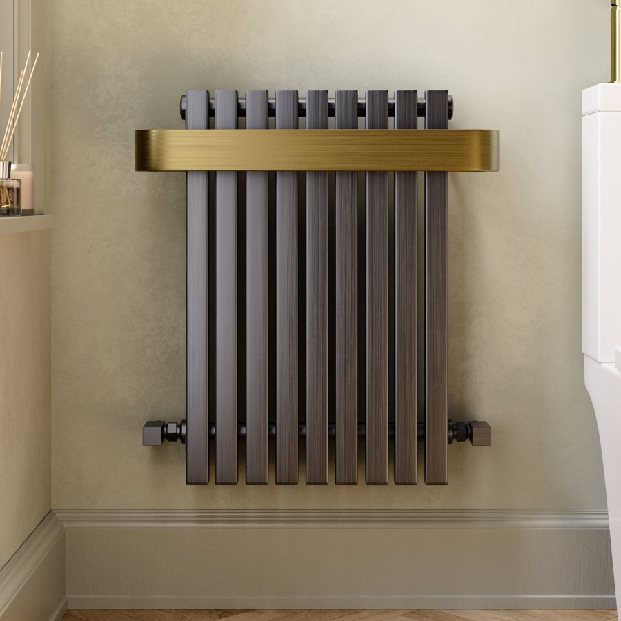 Gunmetal Single Panel Radiator with Brass Towel Bar 600 x 600mm - Iraya