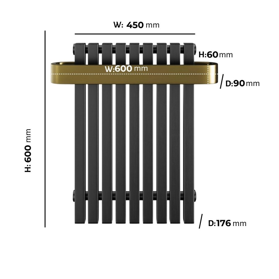Gunmetal Single Panel Radiator with Brass Towel Bar 600 x 600mm - Iraya