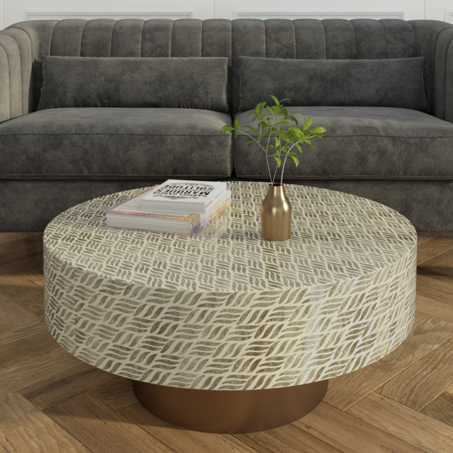 Gold & White Round Patterned Coffee Table - Iris