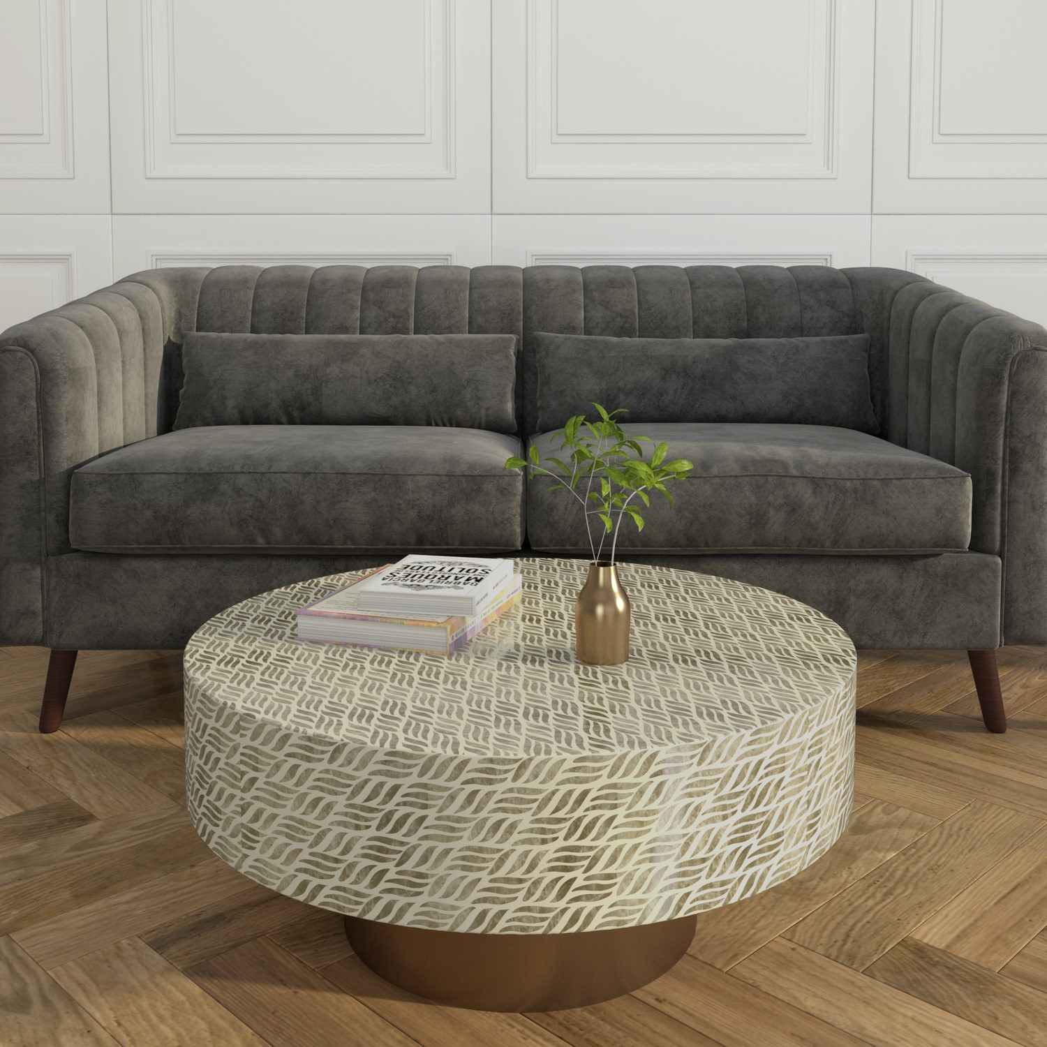 Gold & White Round Patterned Coffee Table Iris Furniture123