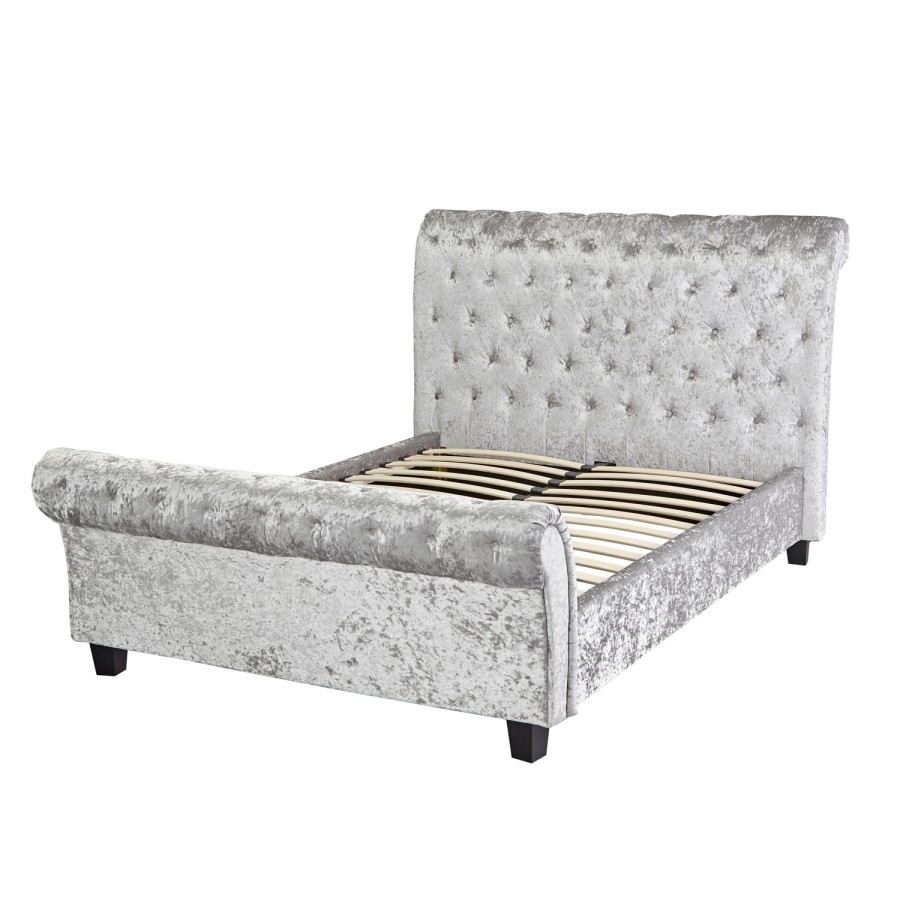 Isabella Crushed Velvet Roll Top Kingsize Bed Frame in Silver