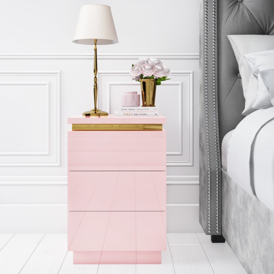 GRADE A1 - Isabella Pink Gloss 3 Drawer Bedside Table with Gold Trim