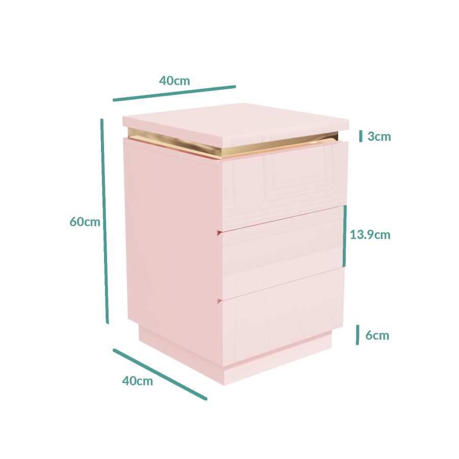 GRADE A1 - Isabella Pink Gloss 3 Drawer Bedside Table with Gold Trim
