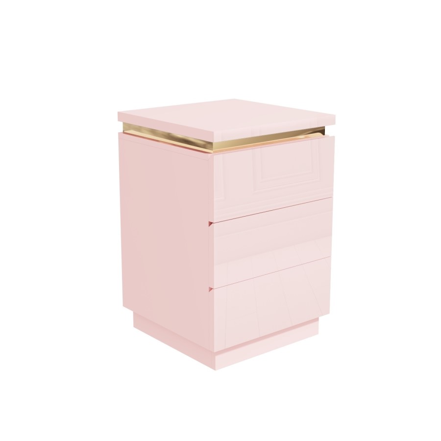GRADE A1 - Isabella Pink Gloss 3 Drawer Bedside Table with Gold Trim