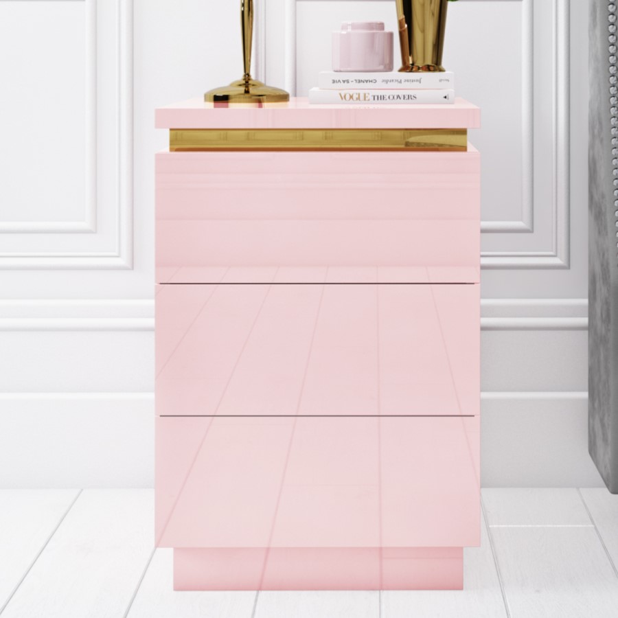 GRADE A1 - Isabella Pink Gloss 3 Drawer Bedside Table with Gold Trim