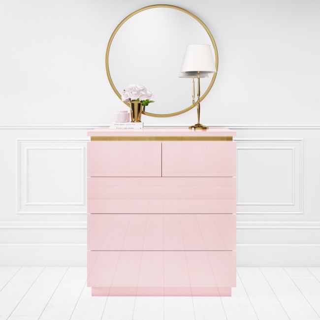 Pink High Gloss Chest of 5 Drawers with Metallic Trim - Isabella