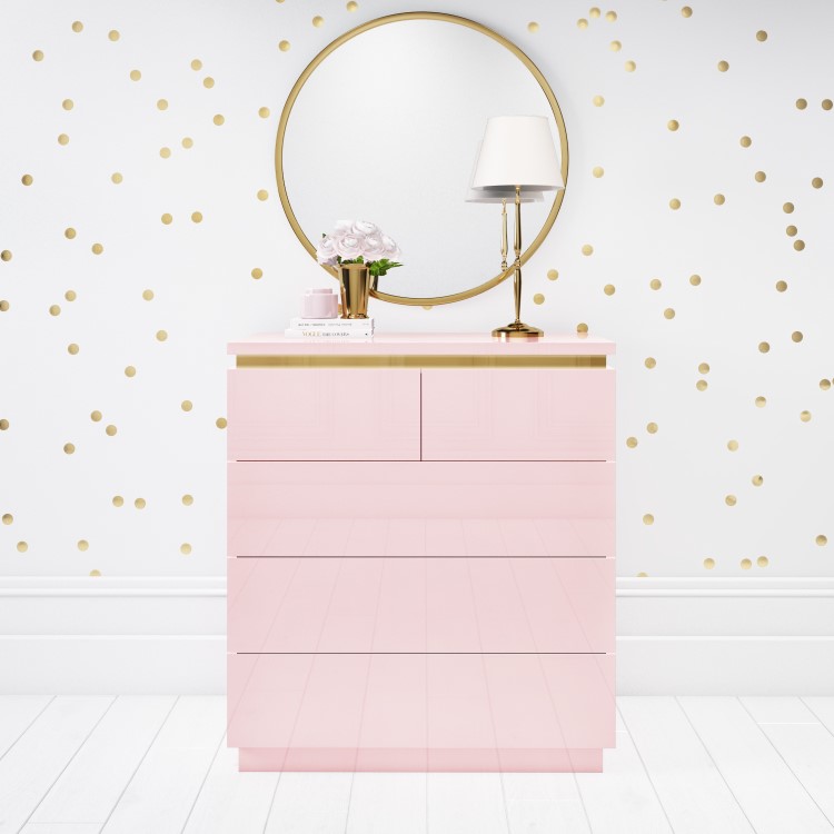 Pink High Gloss Chest of 5 Drawers with Metallic Trim - Isabella