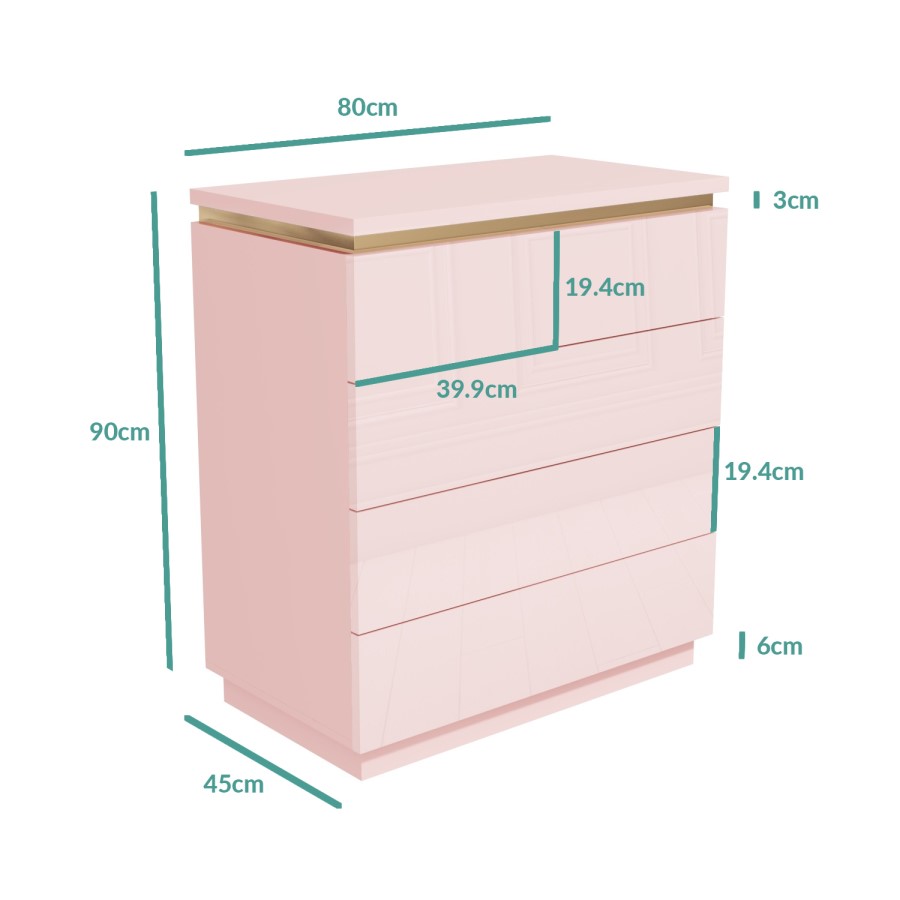GRADE A1 - Isabella Pink Gloss 5 Drawer Chest of Drawers with Gold Trim